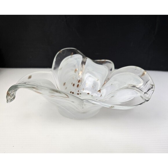 VTG Art Glass Copper Clear & White Handkerchief Flower Petal Bowl Hand Blown 9" - Picture 5 of 11